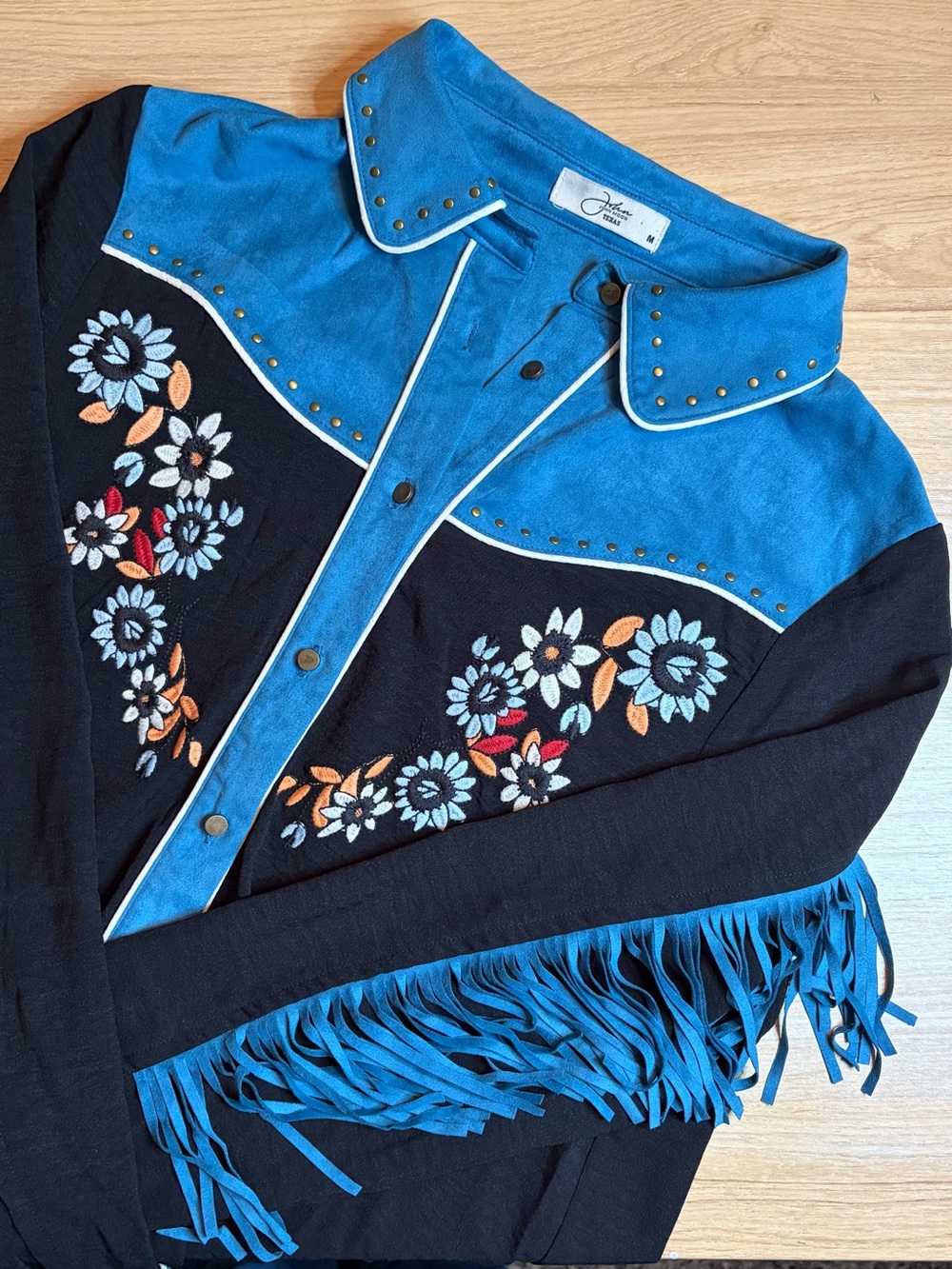 John Moon Blue & Black Western Fringe Embroidered Shirt M